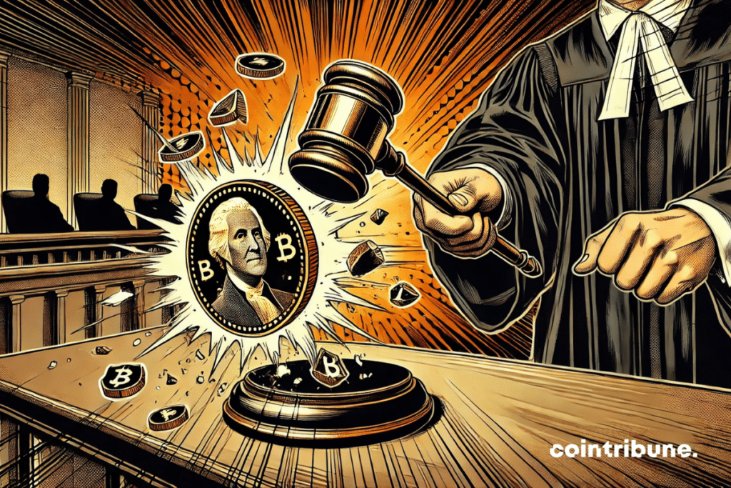 The judge's gavel comes down hard on the cartoonish memecoins, shattering them into splinters in a dark, dramatic crypto market atmosphere.