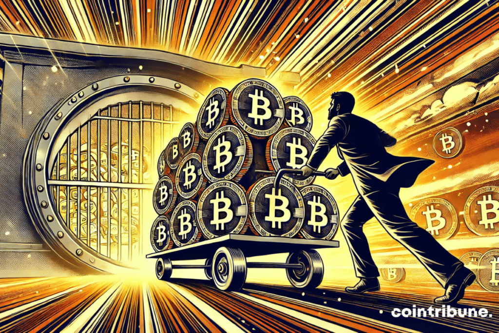 A huge cart full of Bitcoin coins speeding towards a giant vault