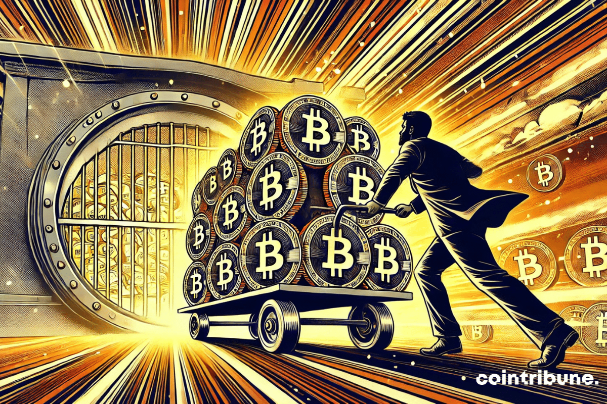 Un enorme carro lleno de monedas Bitcoin avanza a toda velocidad hacia una cámara acorazada gigante