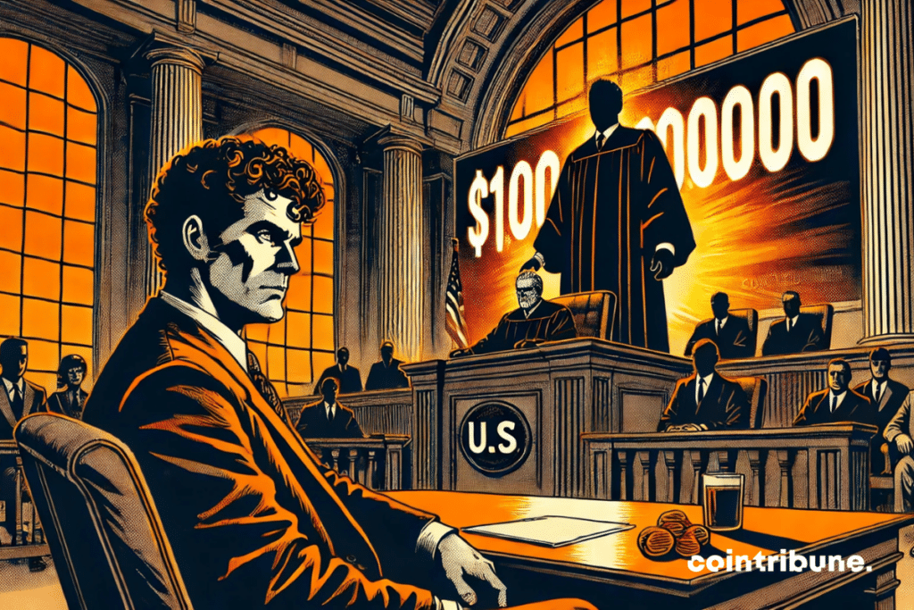 A curly-haired man, Sam, in an undone suit, looking dejected, sitting before an imposing judge with his crypto on the table