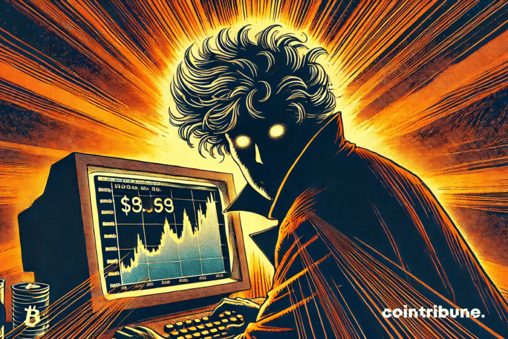 A mysterious figure emerges from the shadows in front of a screen displaying a sharply rising chart of the crypto FTX