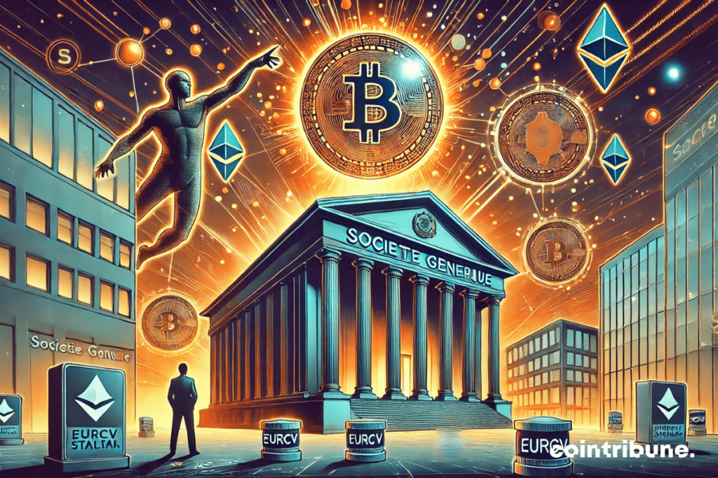 A stylized building representing Société Générale, with a huge EURCV logo that attracts and connects with star knots. Crypto digital, half human half -algorithm, observing the process of this stablecoin