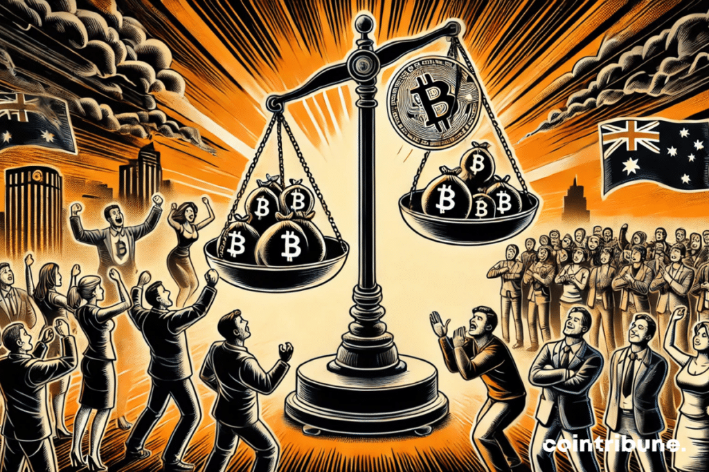 A symbolic scale with a Bitcoin coin in the center, tilted to one side. Characters: Two opposing groups of Australians, one enthusiastic (hands raised), the other skeptical (arms folded)