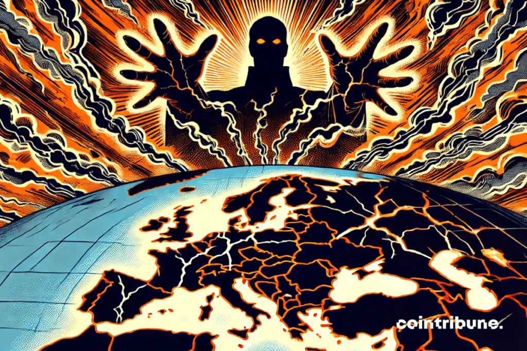 A menacing figure unleashes lightning over a cracked map of Europe, symbolizing an imminent crisis.