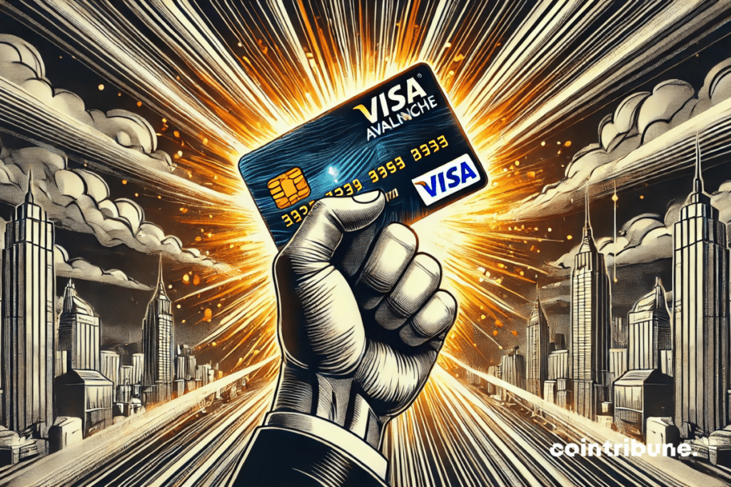 A strong hand that swung the Avalanche Visa card, exceeded by the flash of energy, with a futuristic city in the background.