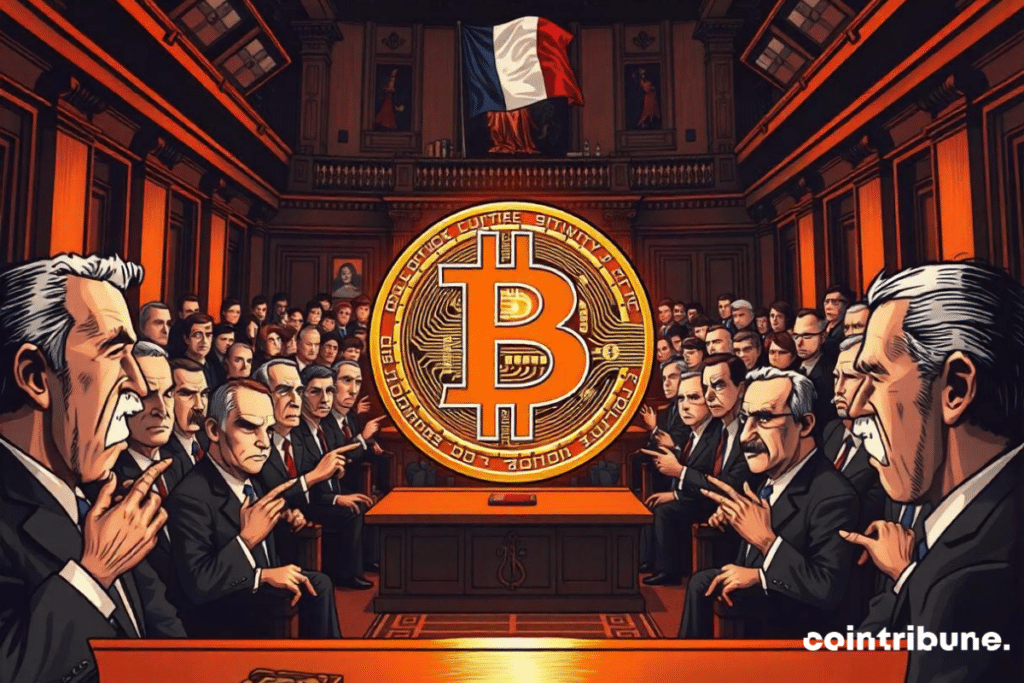 Illustration d'un symbole bitcoin en 3D, brillant au milieu du sénat français. Le symbole du bitcoin est placé au premier plan. On voit l'ensemble du sénat avec de nombreux sénateurs, souvent avec des visages en colère, regardant ce beau bitcoin qui symbolise l'innovation et le progrès. Les couleurs principales doivent être sombres et orange. Il y a une atmosphère de secret et d'opacité. On voit aussi un drapeau français. années 80.