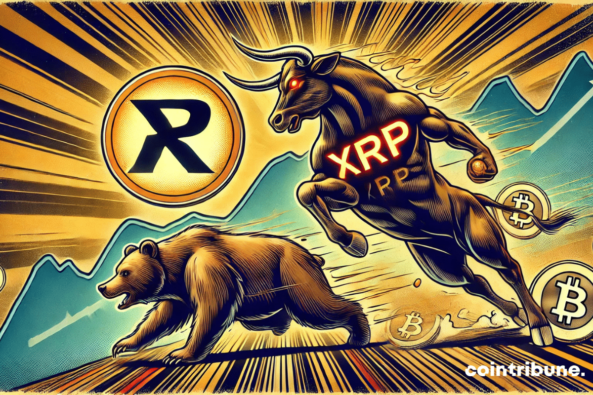 Un taureau portant XRP en pleine ascension, tandis qu’un ours chute en tenant Bitcoin