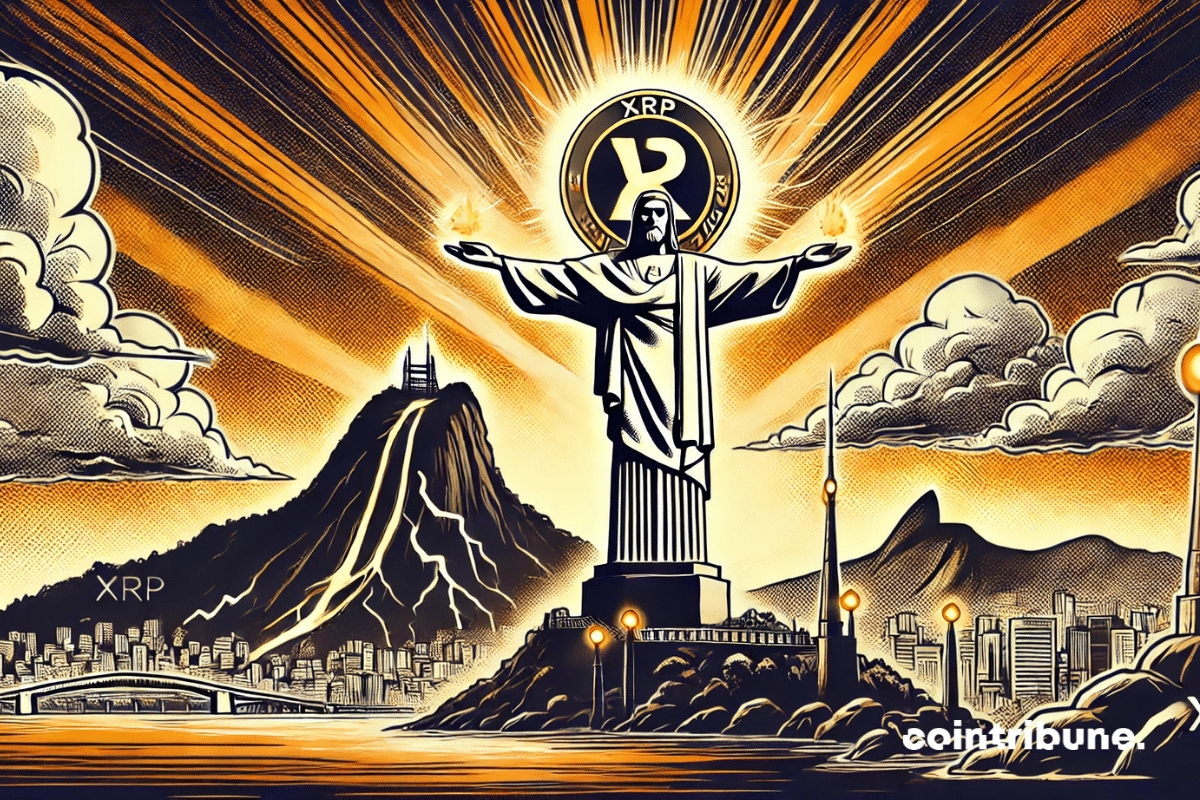 Cristo Redentor con una leve sonrisa, los brazos colocados para resaltar la criptomoneda XRP