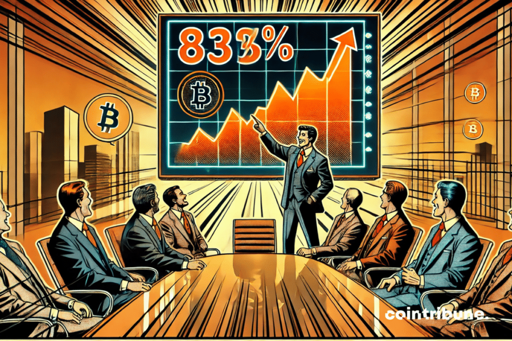 a dynamic meeting room where enthusiastic institutional investors react to the rise of cryptos