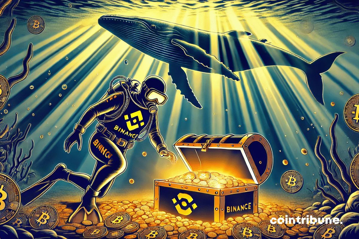 Diver discovering a Binance safe full of bitcoin coins watched over by a whale