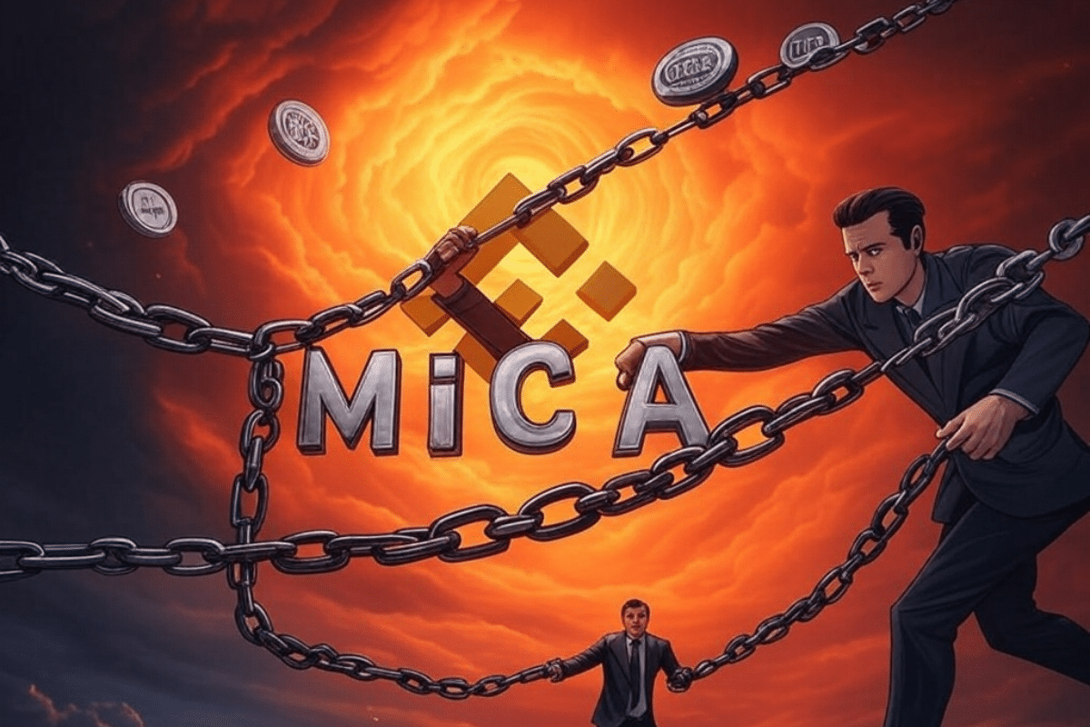 Régulateur en train de mettre des chaînes au nom de MiCA autour du logo de Binance