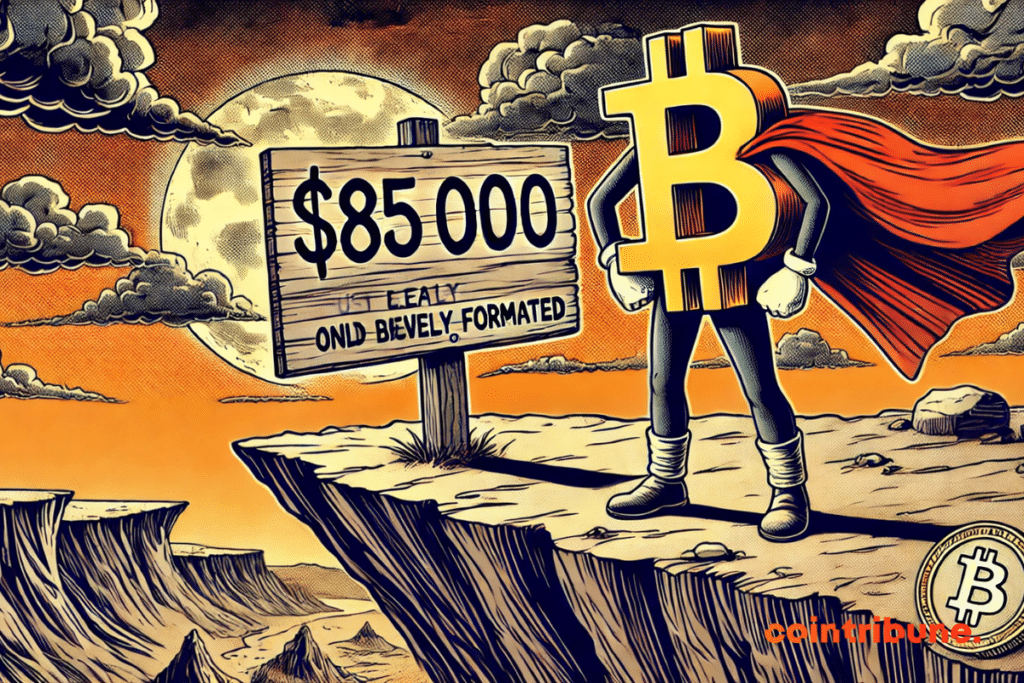 Personaje de Bitcoin al borde de un precipicio con el cartel de 85.000 dólares