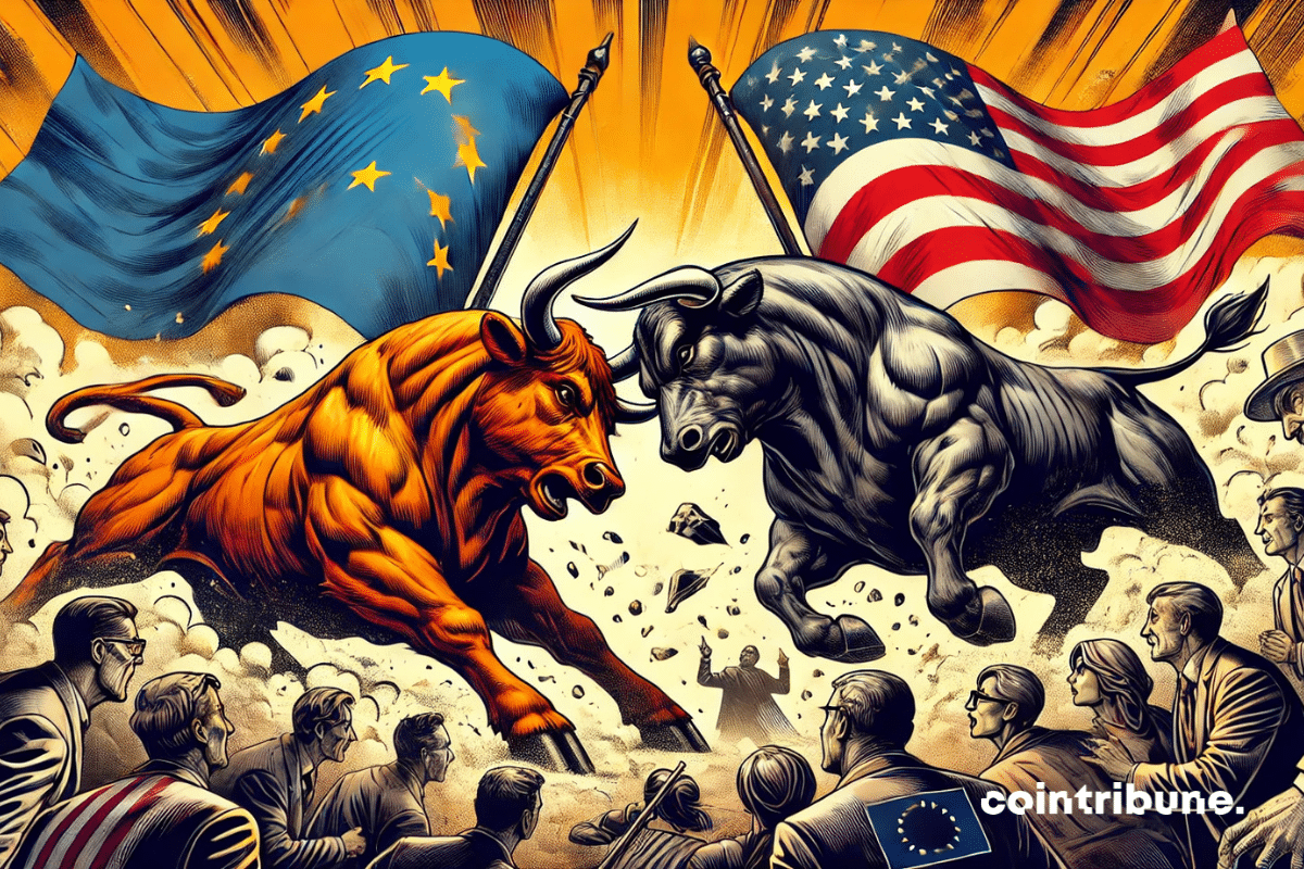 Bull duel representing the European and American stock markets