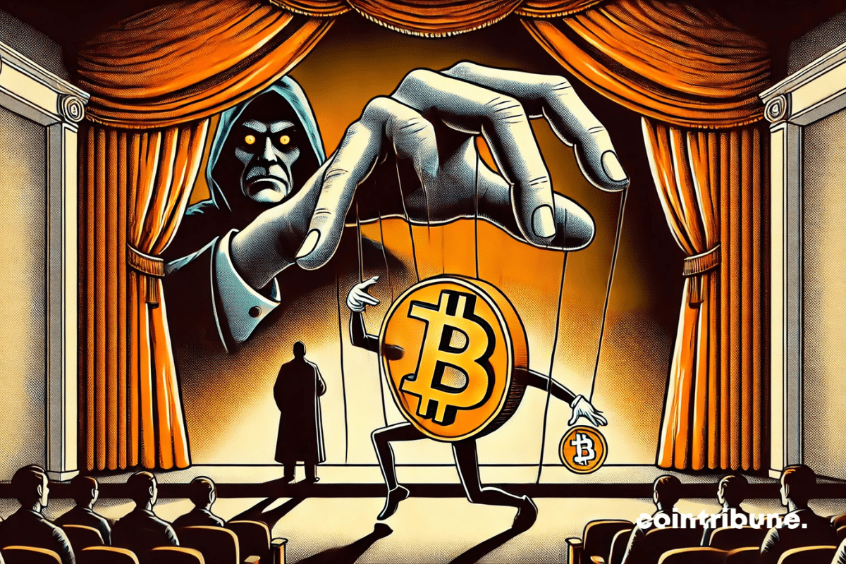 Illustration showing BlackRock as a puppeteer controlling a Bitcoin.