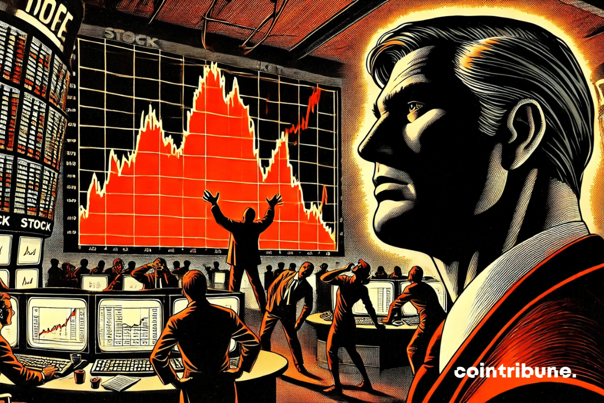 Illustration d'une silhouette observant avec satisfaction une courbe rouge dégringolant, tandis que de petits traders bitcoin paniqués tentent de l’attraper