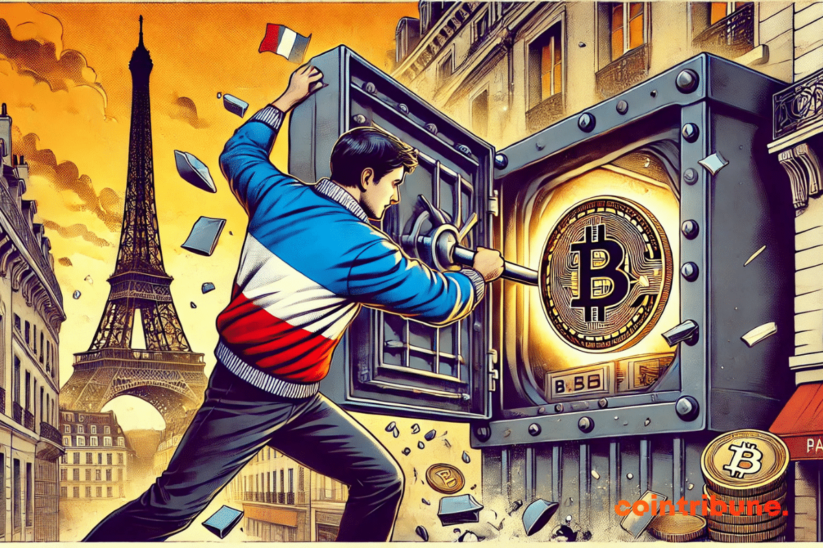 Le trader en veste bleu-blanc-rouge force l’ouverture du coffre-fort, révélant un portefeuille crypto lumineux