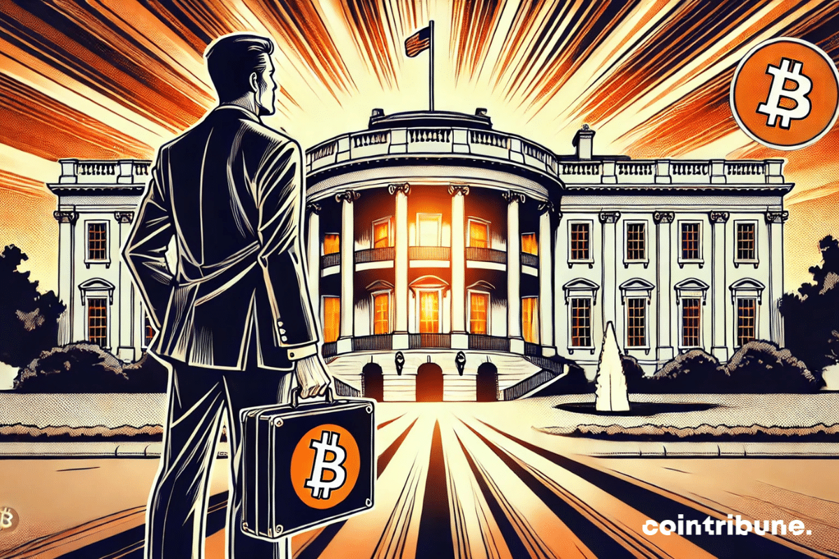 A man holding a briefcase with the Bitcoin logo looks at the White House.