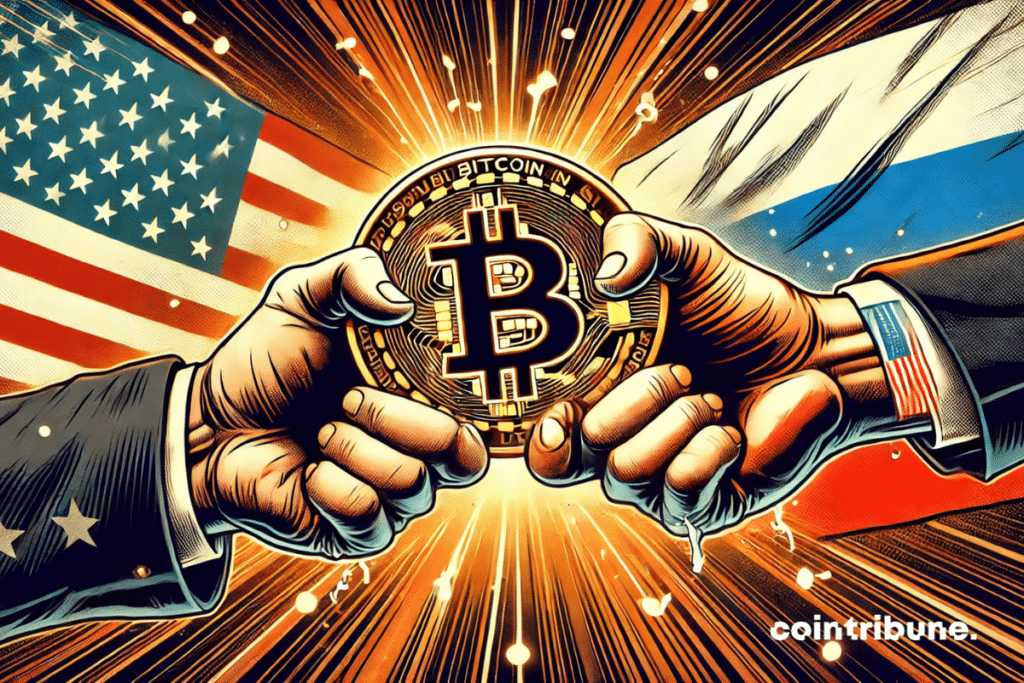 L’illustration représente la lutte acharnée entre les États-Unis et la Russie autour du Bitcoin. Deux mains opposées tirent avec force sur une gigantesque pièce de Bitcoin lumineuse : l’une appartient à un homme d’affaires américain en costume, l’autre est gantée de façon militaire, symbolisant la Russie. En arrière-plan, les drapeaux des deux nations se fondent dans une atmosphère électrique, soulignée par des lignes d’énergie et de tension. La palette de couleurs en noir, orange et blanc renforce le contraste dramatique et l’intensité du conflit monétaire.