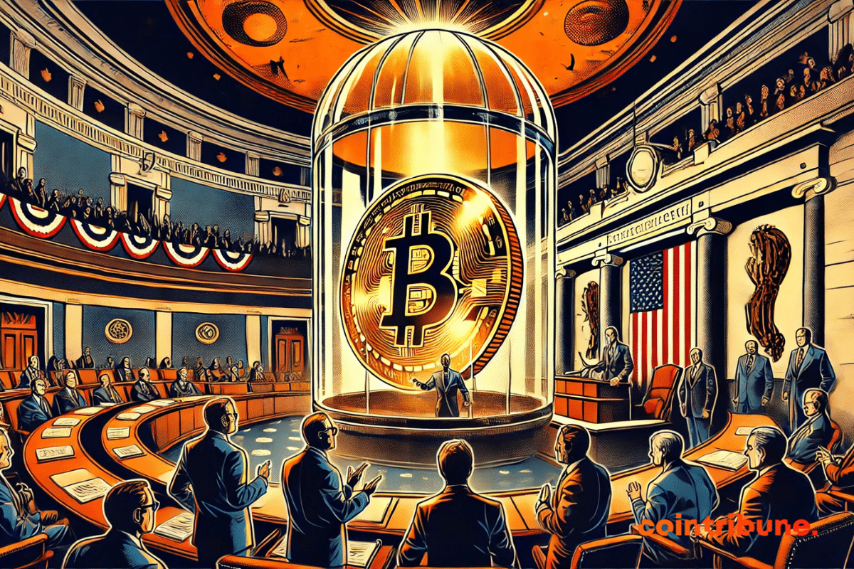 A giant Bitcoin under a secure glass dome