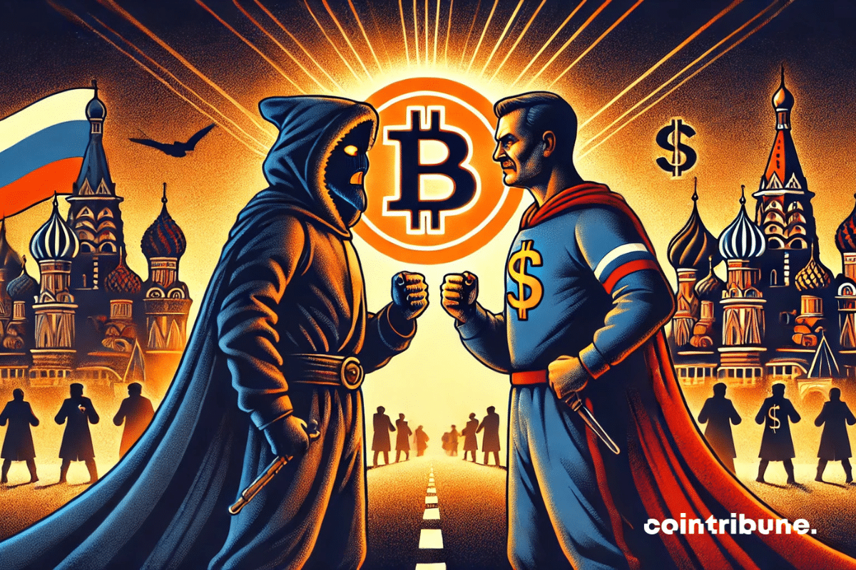 Symbolic duel Russia vs USA and bitcoin in the middle