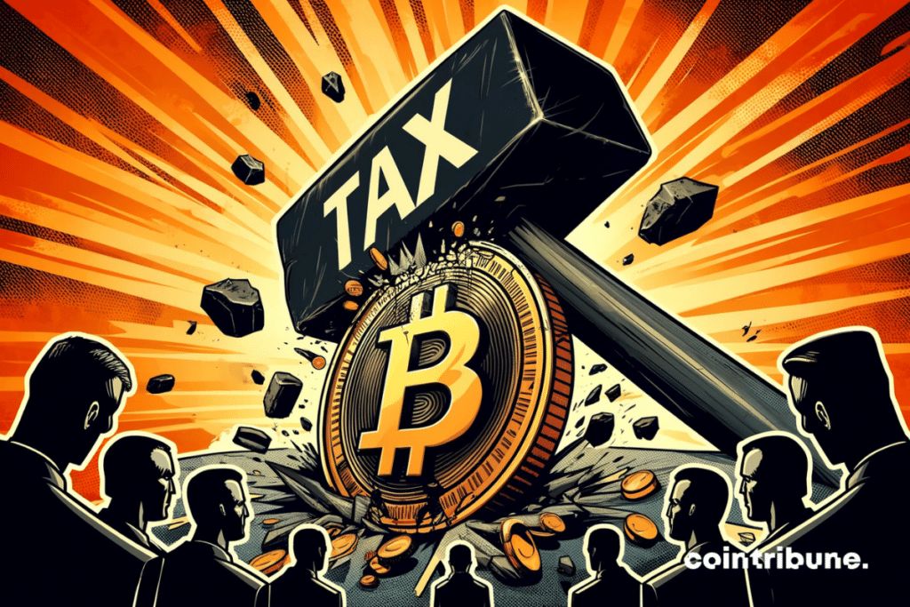 Une enclume massive marquée "TAX" écrasant un Bitcoin.