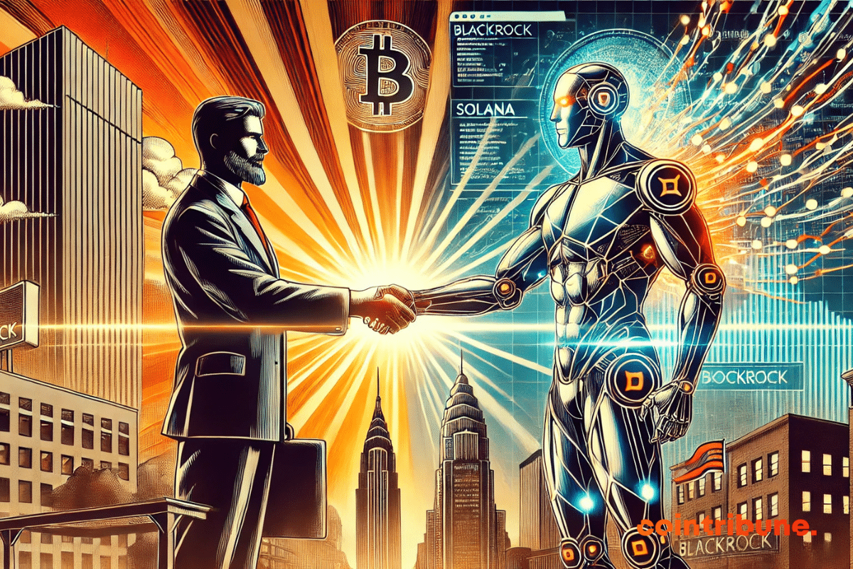 Illustration of the handshake between finance and crypto.