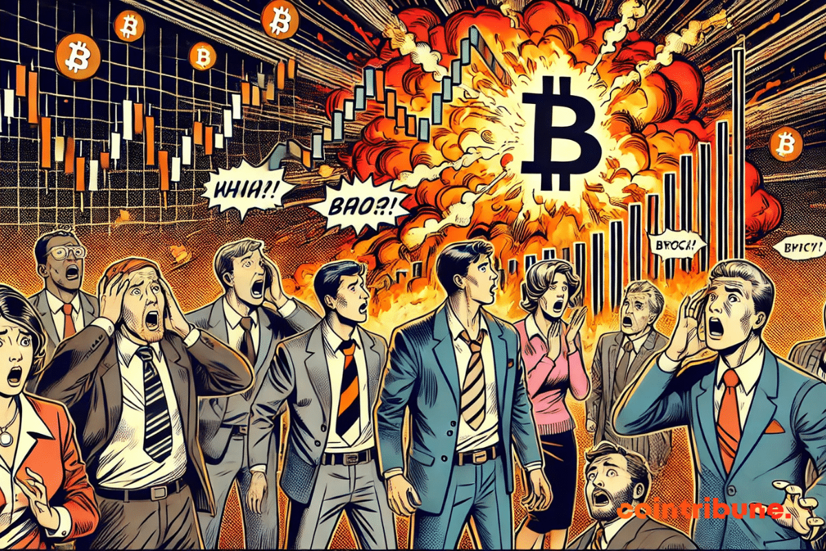 L'illustration du marché crypto en pleine crise, avec des investisseurs paniqués face à un graphique en flammes, symbolisant la chute brutale des valeurs.