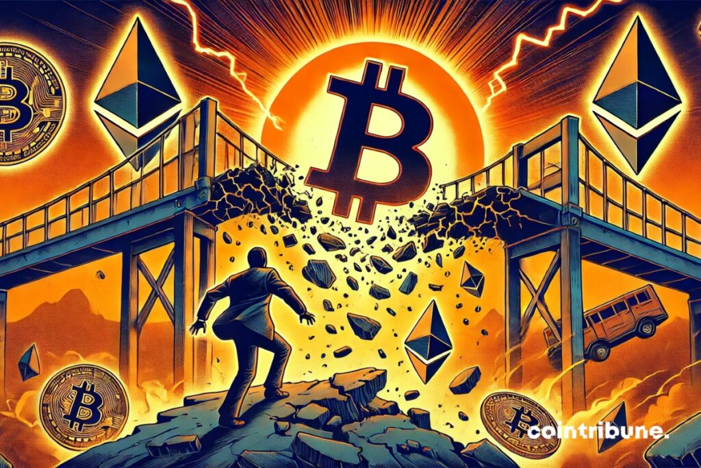 A bridge representing the ratio of ETH/BTC that collapses. Investor Ethereum follows the scene