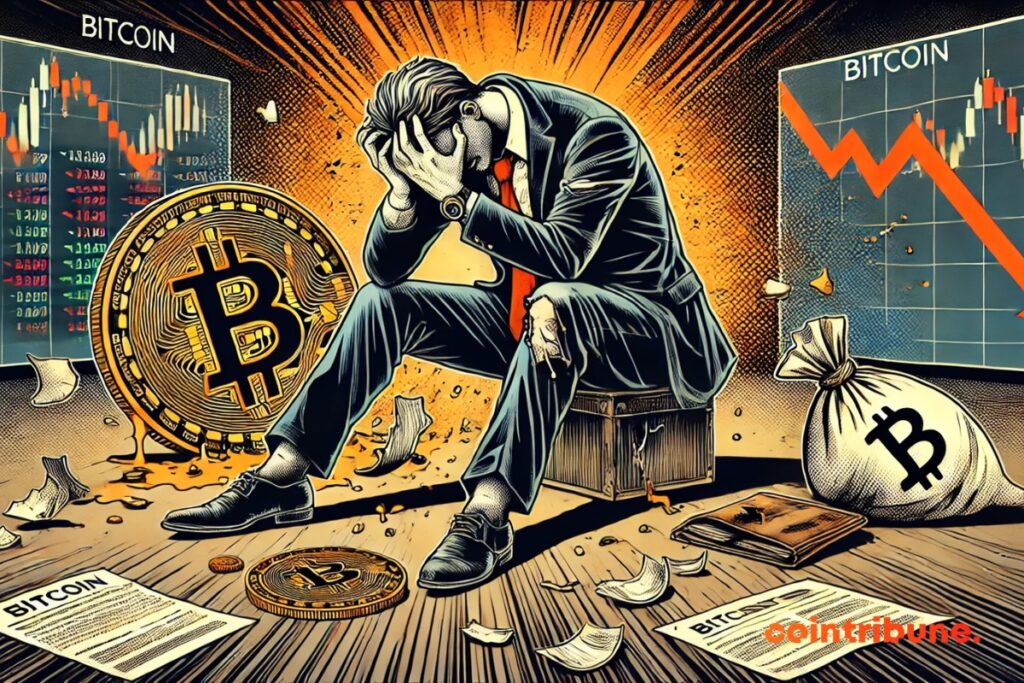 A destroyed Bitcoin investor holds his head