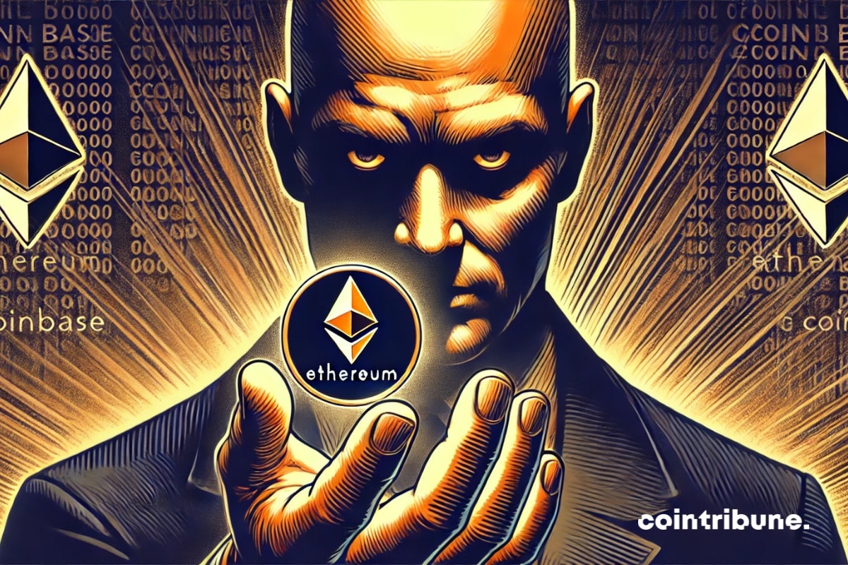 A Coinbase validator holding Ethereum in its hand