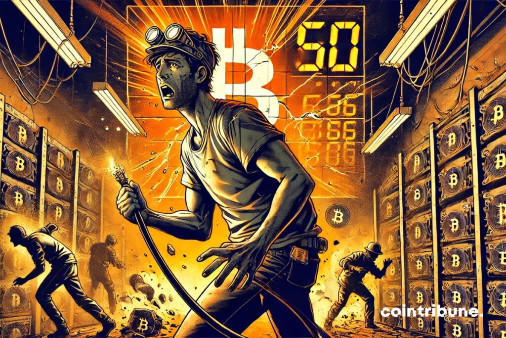 Des mineurs bitcoin en difficulté dans une mine qui où plus rien ne fonctionne