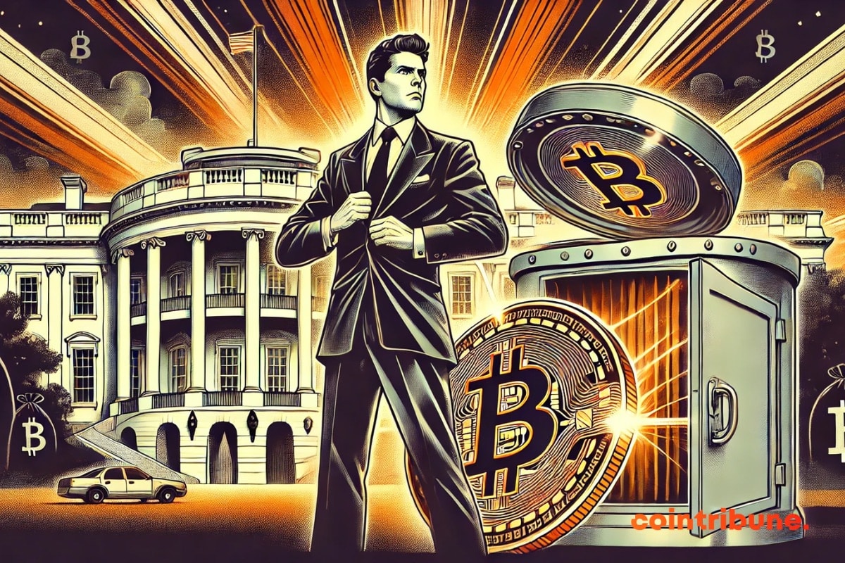 Mochael Saylor in front of the White House with a bitcoin vault