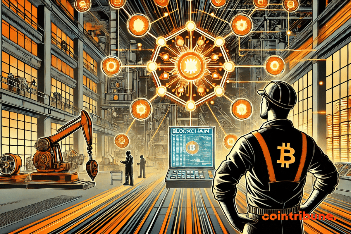 Industrial machines are connected by luminous flows in the shape of a blockchain.