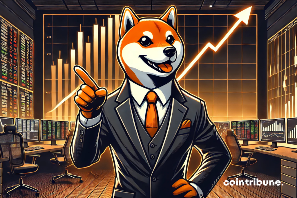 Illustration d'un Shiba Inu visionnaire en costume, pointant un graphique crypto.