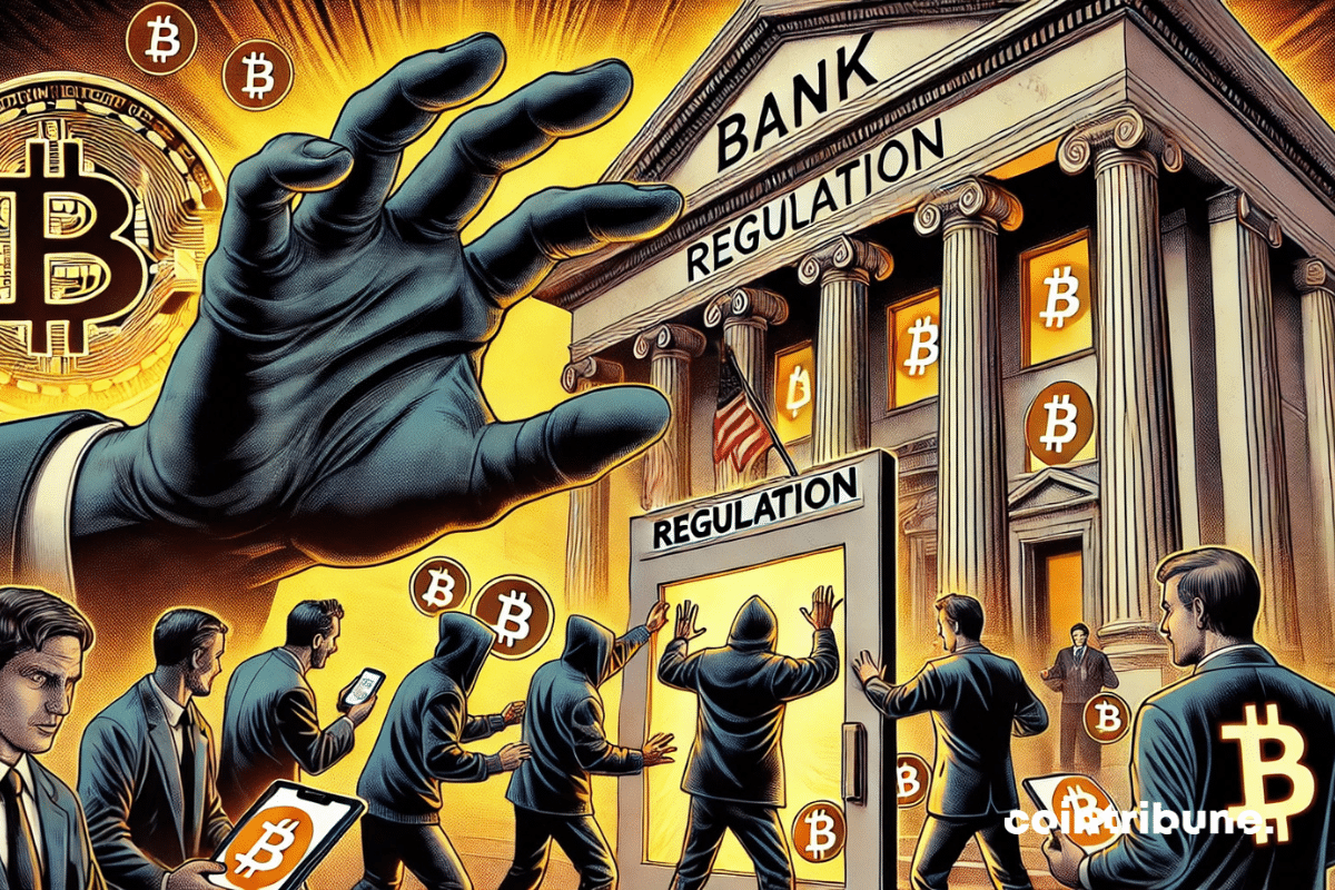 Giant hand repels crypto investors from entering a bank