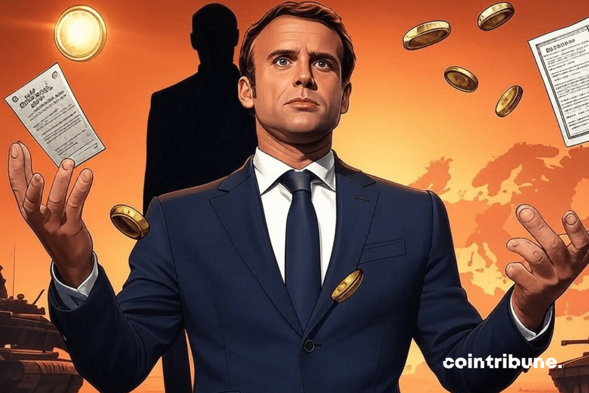 Emmanuel Macron tossing gold coins and files into the air against a backdrop of European war.