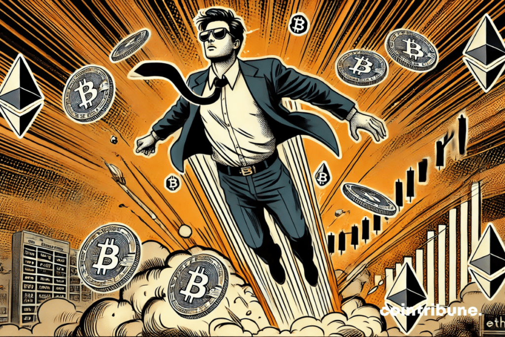 The trader was driven into the air, surrounded by crypto tokens.