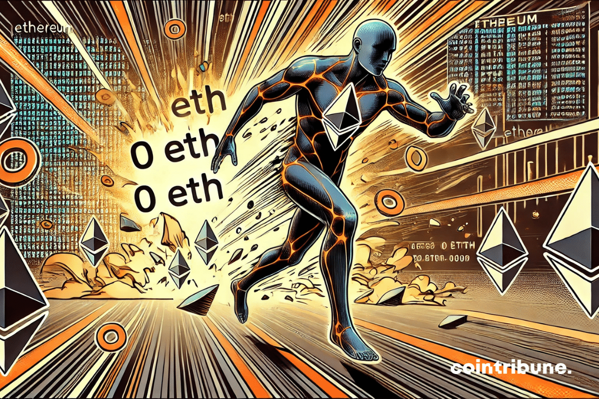 A character representing the ETH crypto company tries to move forward