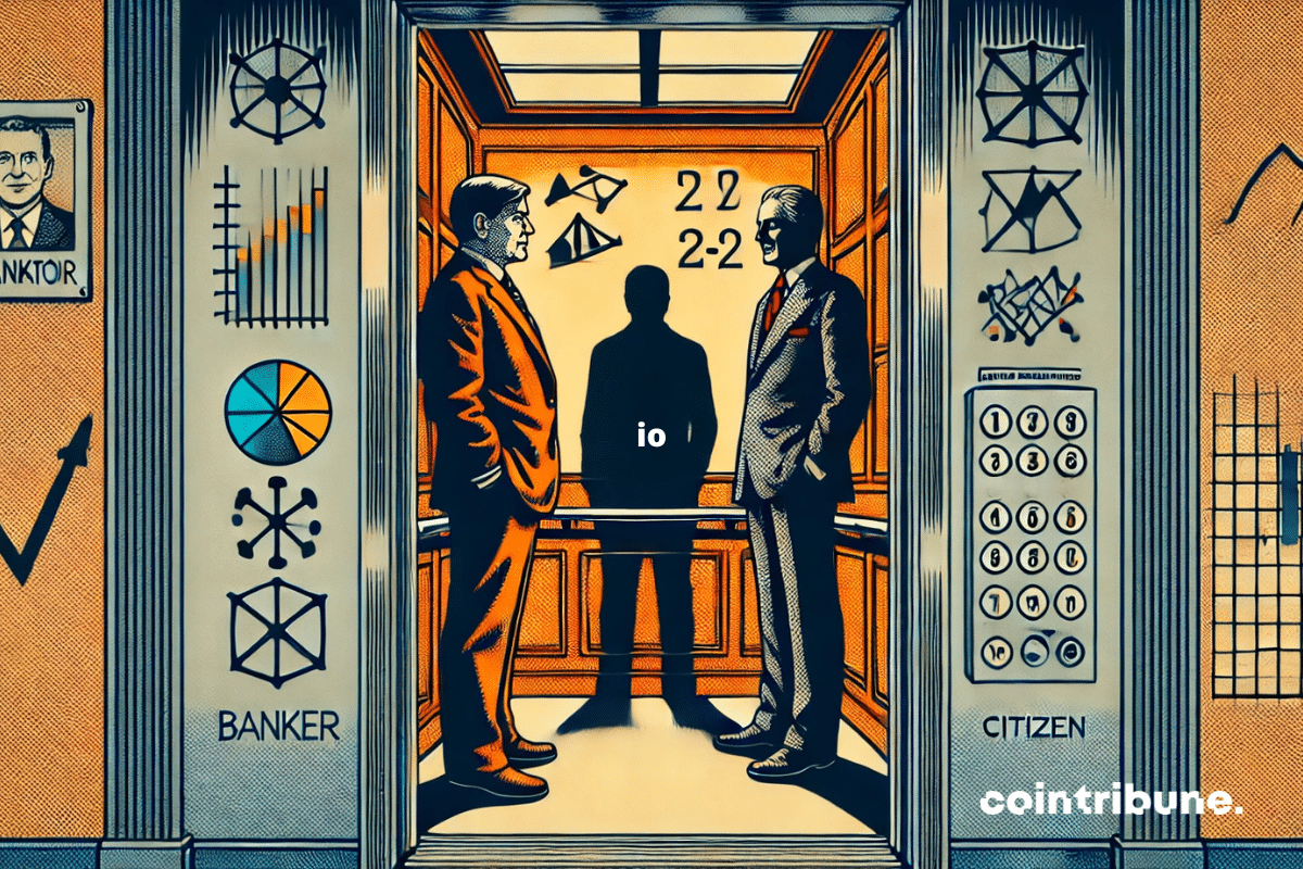 An elevator cabin with two men lamenting inflation.