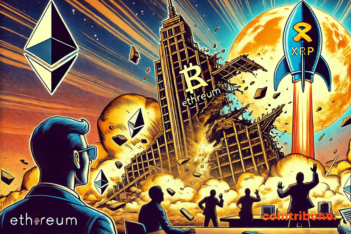 Fusée XRP en plein décollage et tour Ethereum s'effondrant