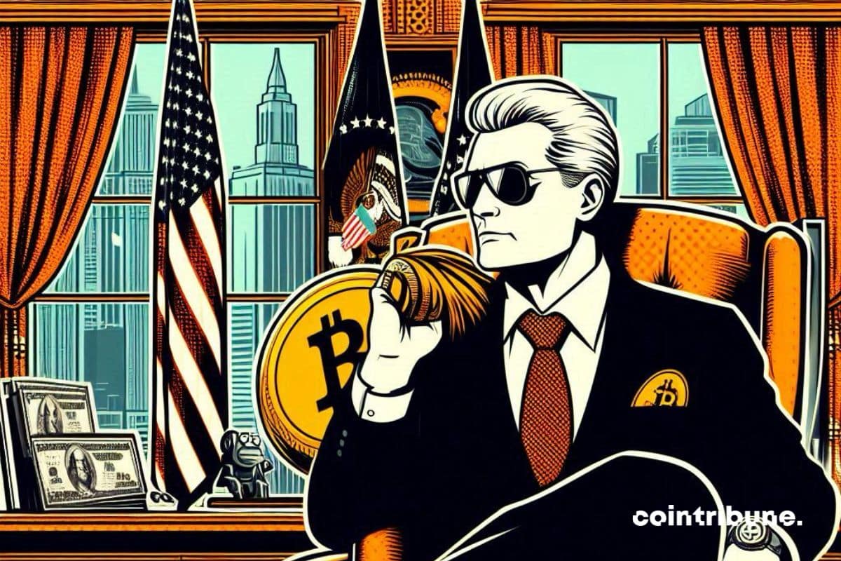 Donald Trump in his office with bitcoin, having just announced a stockpile of crypto