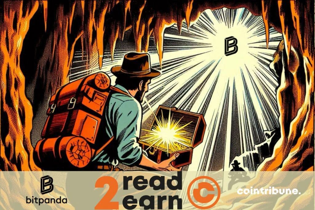 Un explorateur qui découvre le trésor de Bitpanda lors de la quête read to earn