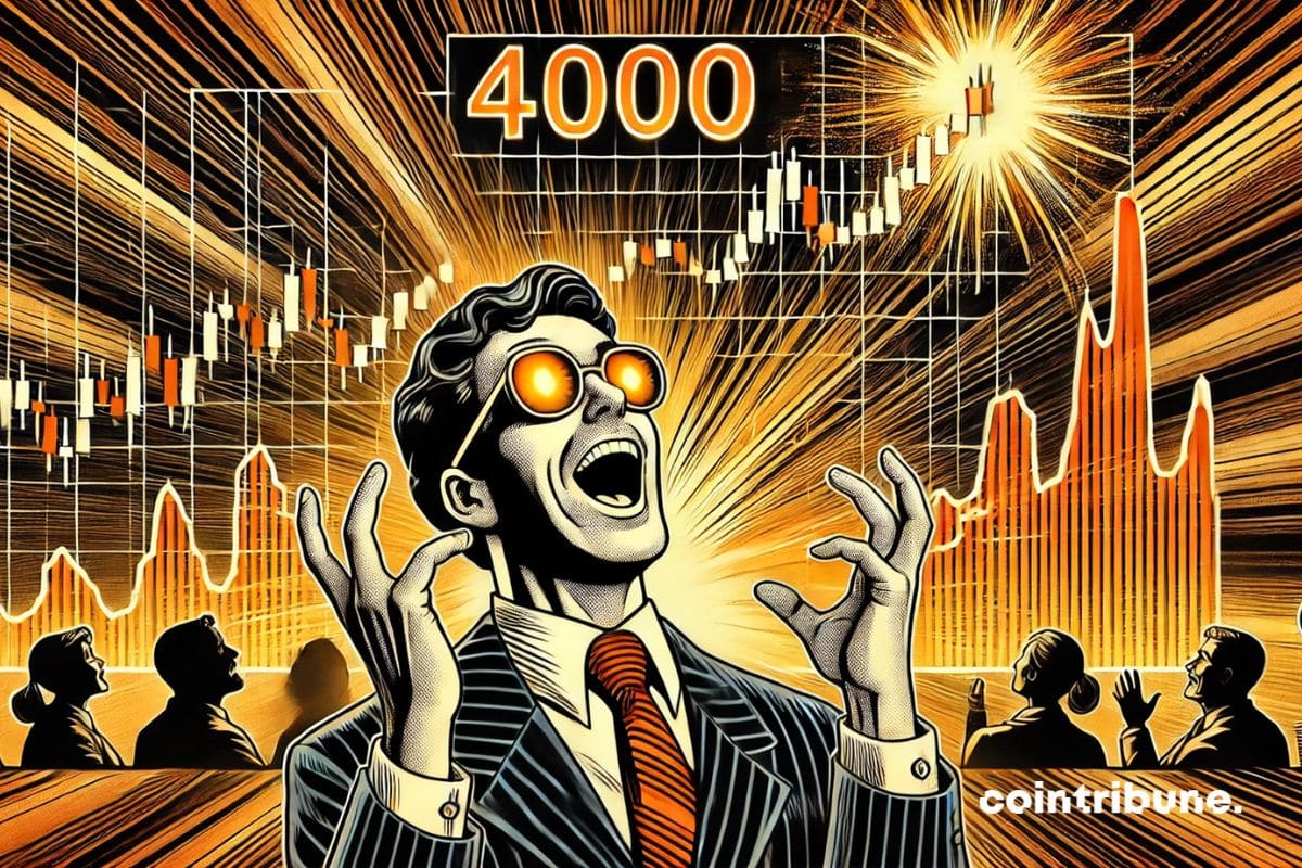 Crypto investor in front of rising market charts showing 4000