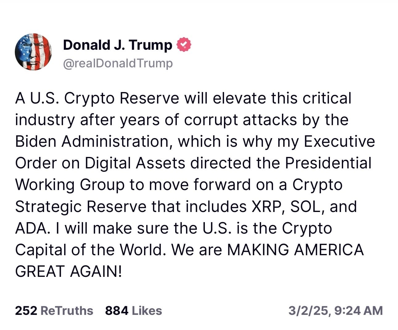 Donald Trump n’avait pas mentionné le bitcoin ni ethereum dans cette annonce.