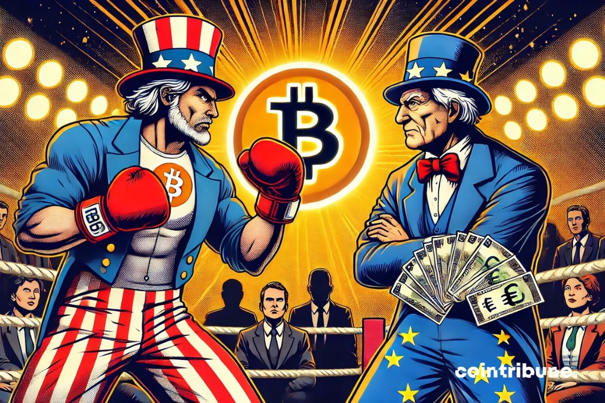 Uncle Sam with bitcoin, representing the USA, in a ring with a European official with euros.