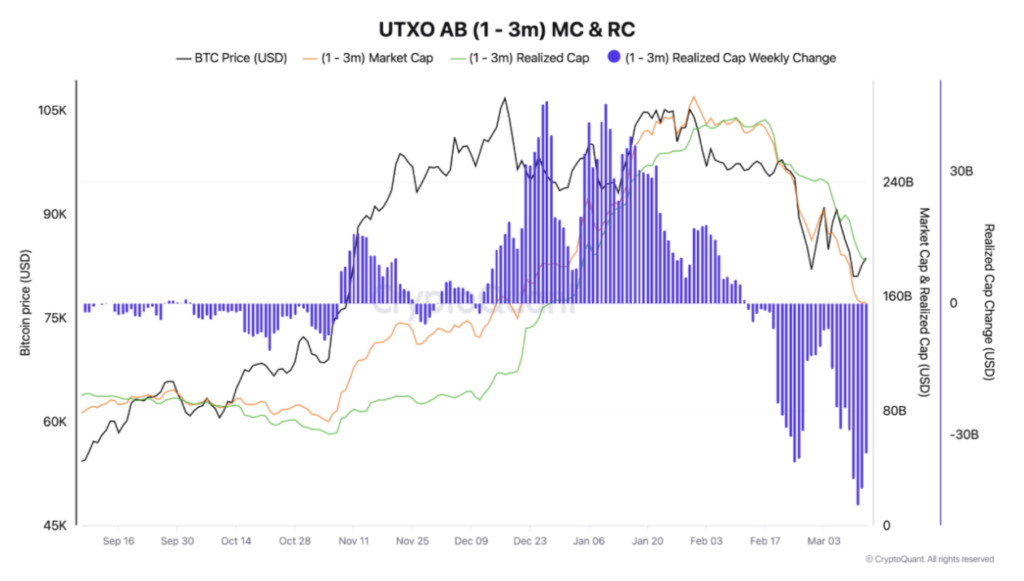 Bitcoin holders who have held for 1 to 3 months are suffering the largest losses.