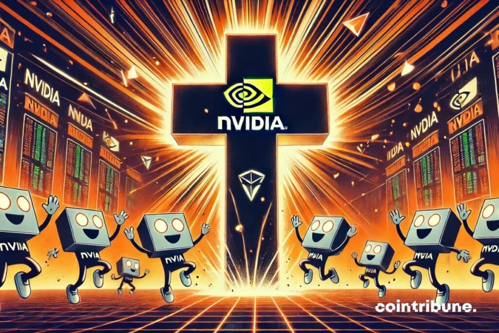 A glowing cross-shaped symbol with the Nvidia logo, surrounded by cheerful Nvidia-branded robots and stock market charts.