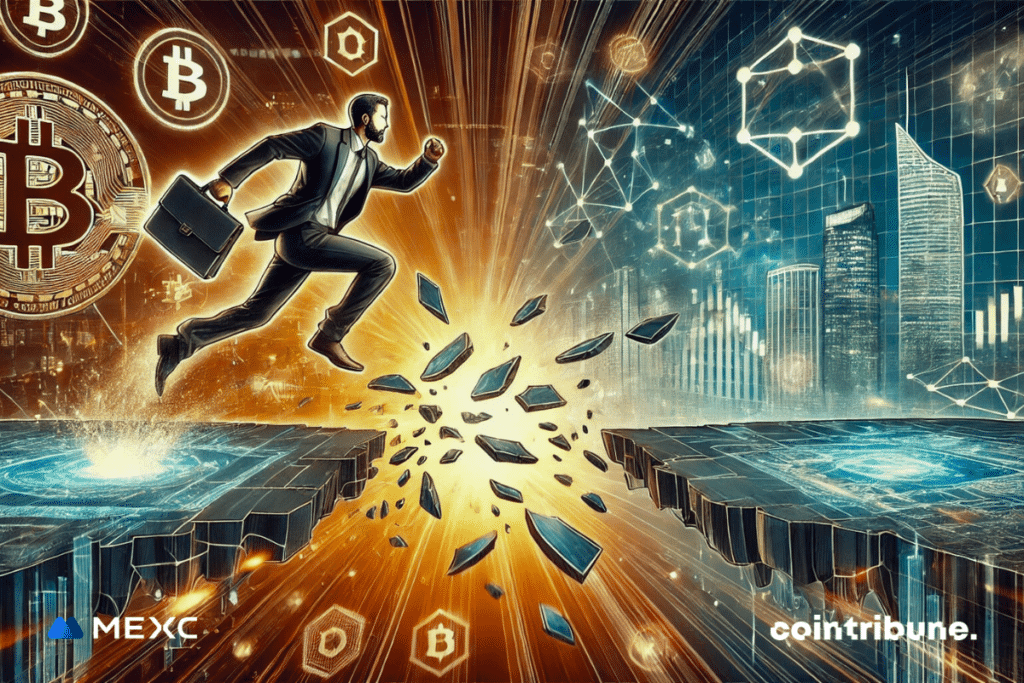 A businessman leaps from one golden digital platform to another, symbolizing the transition to a new era of crypto trading. Bitcoin and blockchain symbols float around.