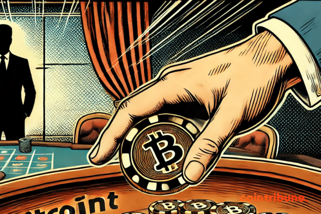 Illustration of a dynamic hand and a Bitcoin coin