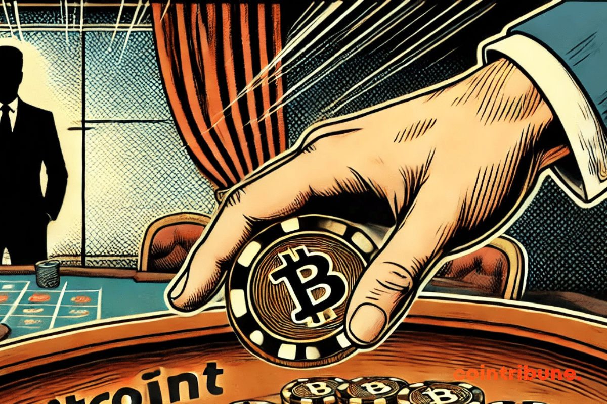 Ilustración de una mano dinámica y una moneda Bitcoin